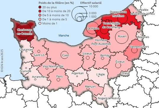 Carte : la filière énergie en Normandie - IGN Insee 2025
